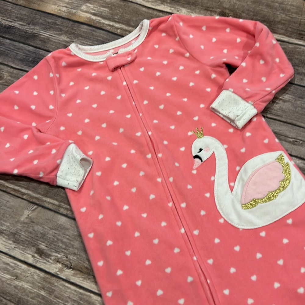 Carters Toddler Girl 4T Pink Swan Fleece Feetie Zip Up PJ - Picture 2 of 2